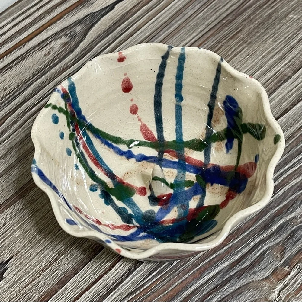 John Garrou Pottery Hand Crafted Ceramic Apple Baker Bowl Paint Splatter Recipe